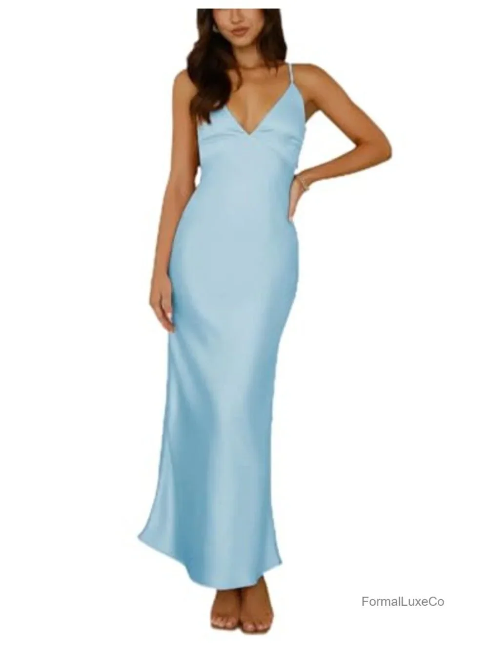 Satin Midi Dress Spaghetti Strap V Neck Backless Tie Back Cocktail